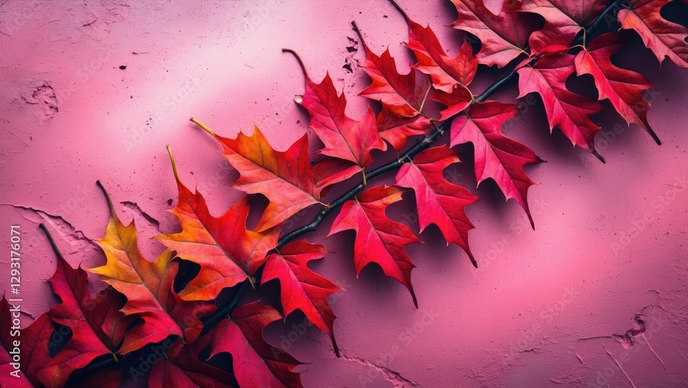 Poster vibrant red autumn leaves arranged on a pink textured surface with space for text creating a warm se
