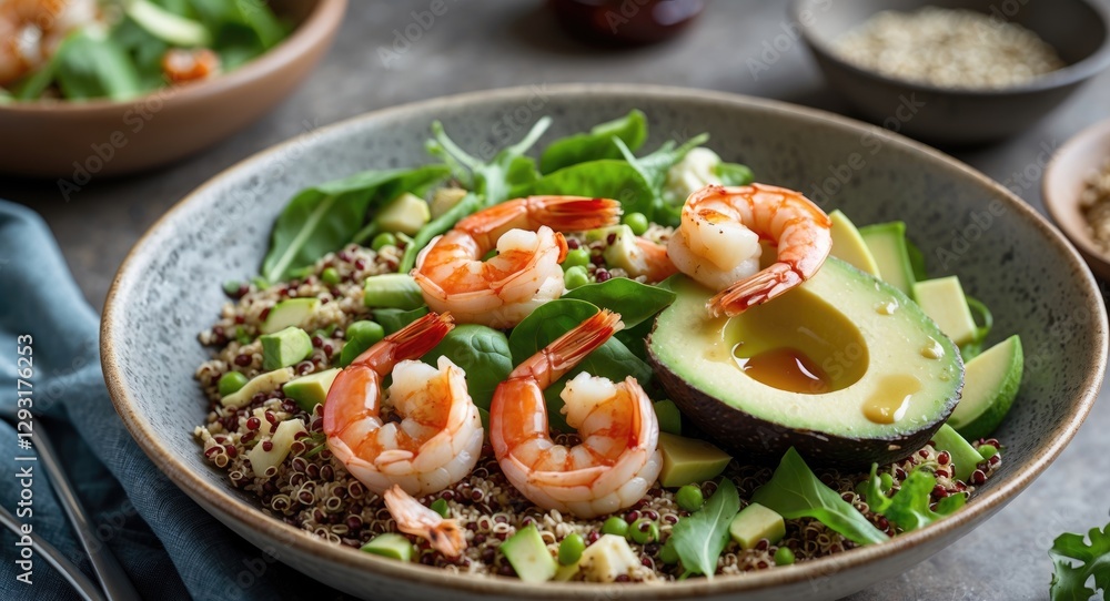 Aufkleber delicious quinoa salad bowl with shrimp and avocado on a rustic table ideal for healthy eating and f