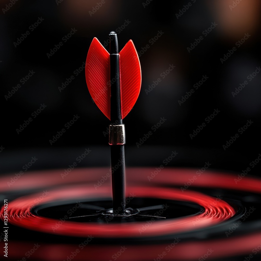 Poster close up of a dart on a circular dartboard, showcasing skill and precision in gameplay.