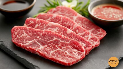 Fototapeta premium Fresh Marbled Wagyu Beef Slices on a Black Plate