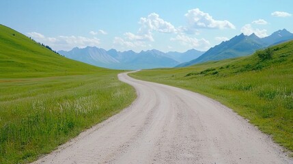 Fototapeta premium A winding dirt road meanders through lush green hills, leading towards majestic mountains under a bright blue sky.
