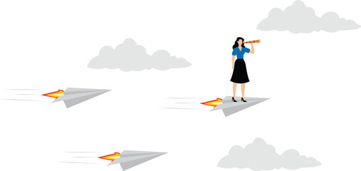 Fototapeta premium Business leadership concept. Confident businesswoman forecasting strategy solution with spyglass flying on paper planes. teamwork, growth and progress to be success
