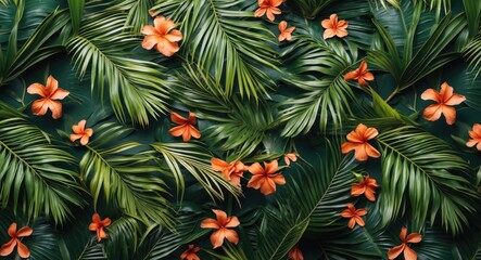 Tropical Palm Leaves and Hibiscus Flowers Pattern with Empty Space for Text Ideal for Backgrounds and Designs