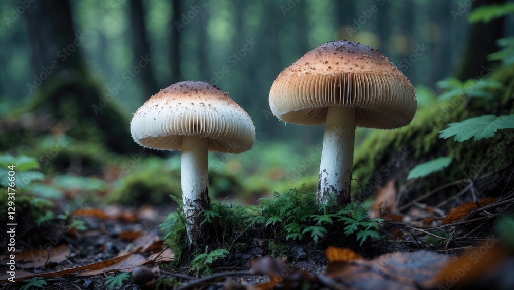 Aufkleber young puffball mushrooms nestled in a tranquil forest setting with soft lighting and lush greenery c