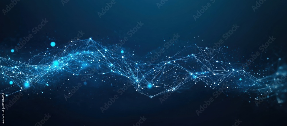 Poster a digital wave of interconnected points and lines, creating a futuristic look against a deep blue ba