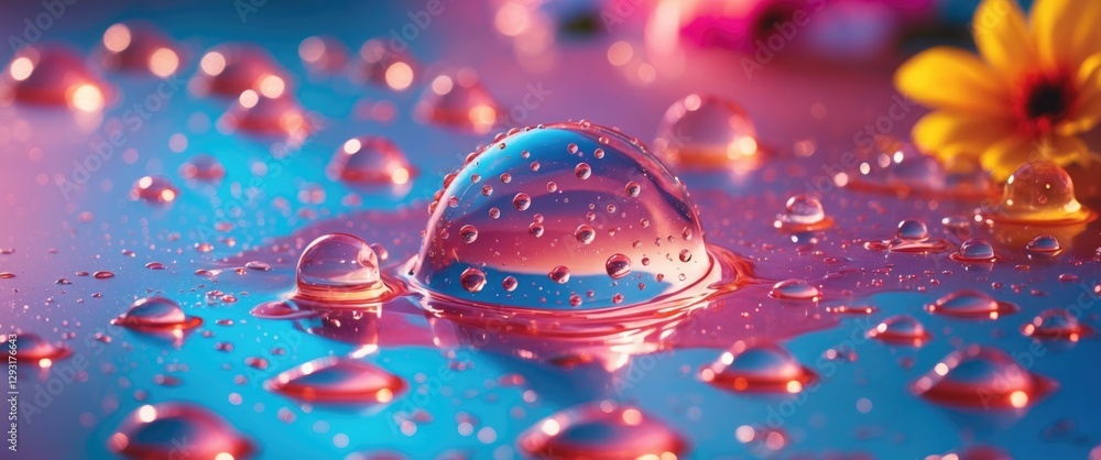 Poster water droplets on a colorful background creating a mesmerizing reflection and depth effect. ideal fo