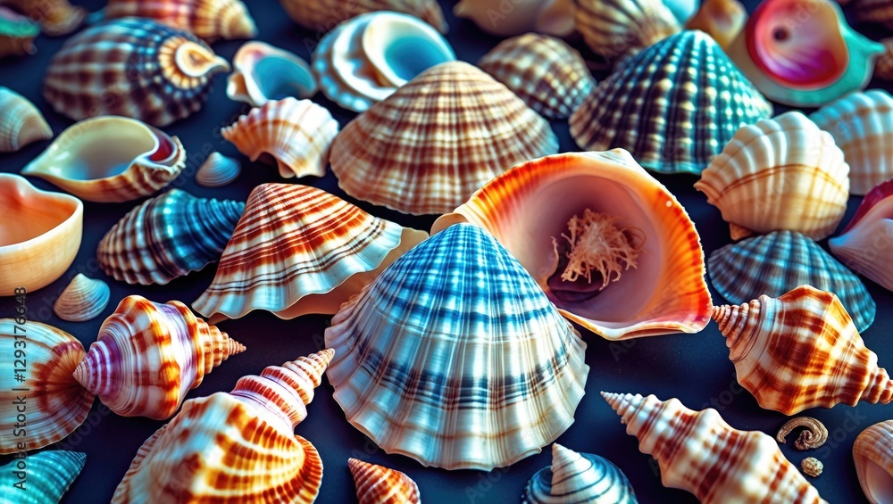 Poster colorful collection of diverse sea shells with unique patterns and shapes on a dark background.