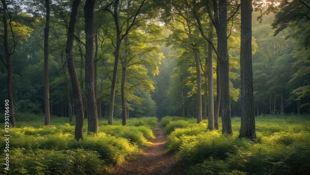 Canvas Prints serene sunlit forest pathway through lush greenery and towering trees in tranquil nature scene