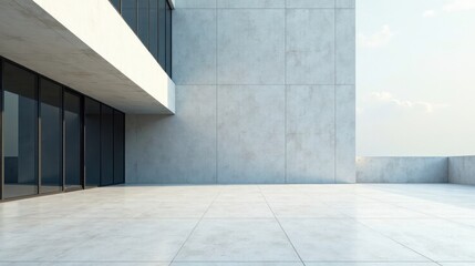 Obraz premium Modern minimalist building exterior showcasing sleek glass windows and expansive concrete terrace under a bright sky