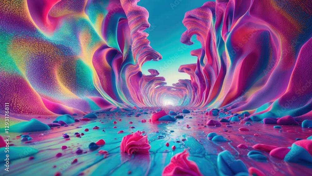 Poster vibrant abstract landscape with colorful wave-like formations and surreal textures creating a dreaml