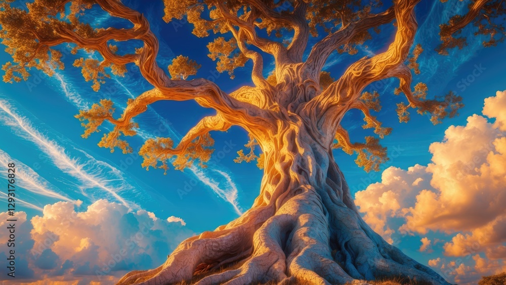 Poster majestic tree with intricate roots and branches against a vibrant sky and colorful clouds creating a