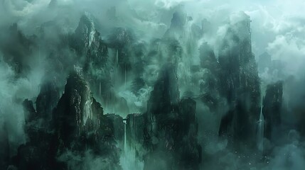 Fototapeta premium Ethereal Mountain Landscape with Mist and Waterfalls in a Dreamy Green Hue