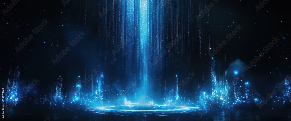 Poster a vibrant blue waterfall illuminates a dark scene, creating a mystical atmosphere with glowing eleme