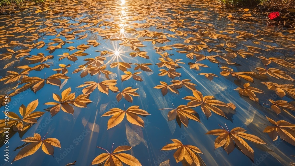 Aufkleber golden leaves floating on serene water with sunlight creating reflections and patterns in nature's t