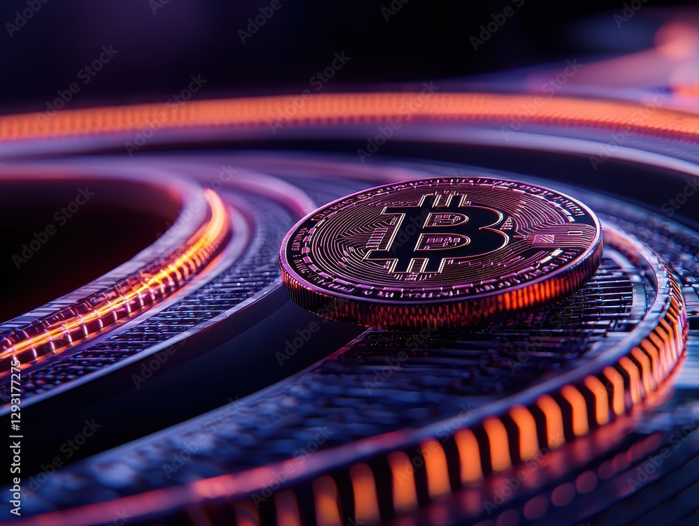 Poster close-up of a bitcoin on a vibrant neon circuit with glowing lines.