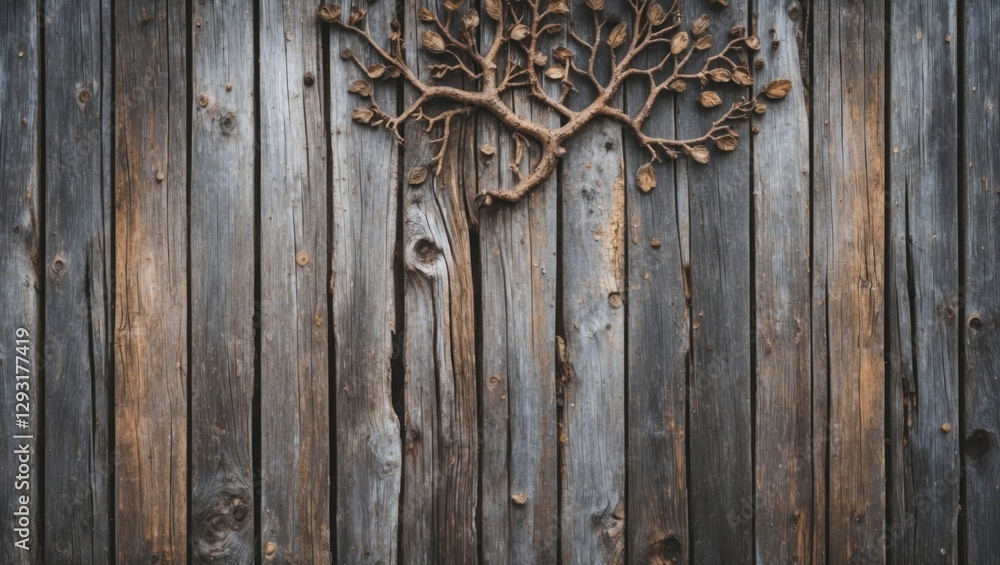 Poster weathered wooden wall texture with natural patterns and a decorative tree design for rustic or vinta