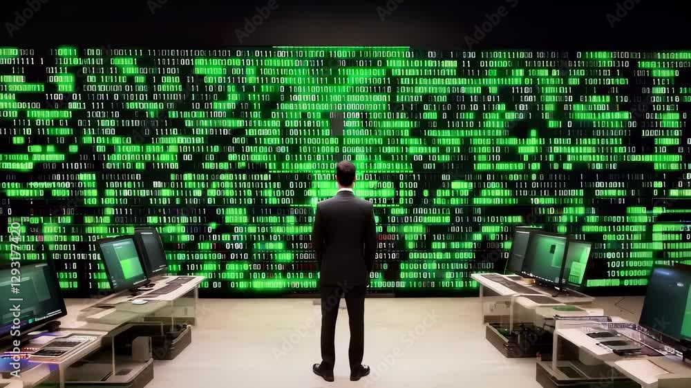 Poster man surrounded by glowing code and digital screens in data room