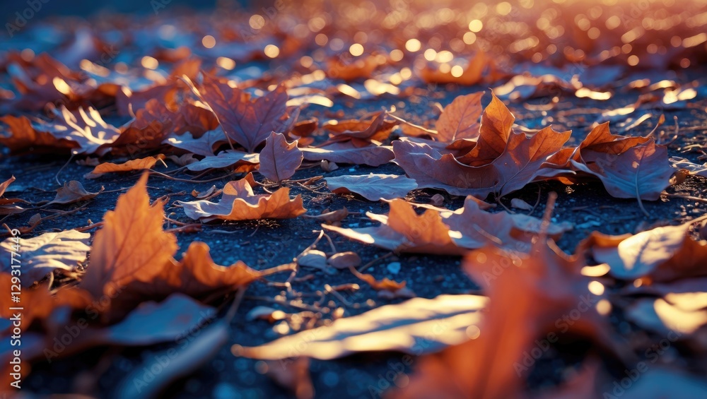 Poster autumn leaves casting intricate shadows on the ground illuminated by warm sunlight creating a tranqu