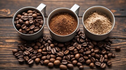 Fototapeta premium Coffee ingredients displayed in three cups on a wooden surface including whole beans, ground coffee and coffee powder