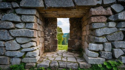 Stone lookout slit framed by intricate masonry at the historic Hardenstein ruins in Witten, Germany, showcasing architectural heritage.
