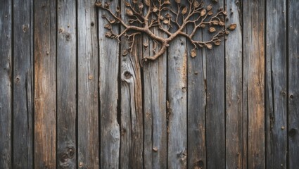 Weathered wooden wall texture with natural patterns and a decorative tree design for rustic or vintage themed backgrounds.