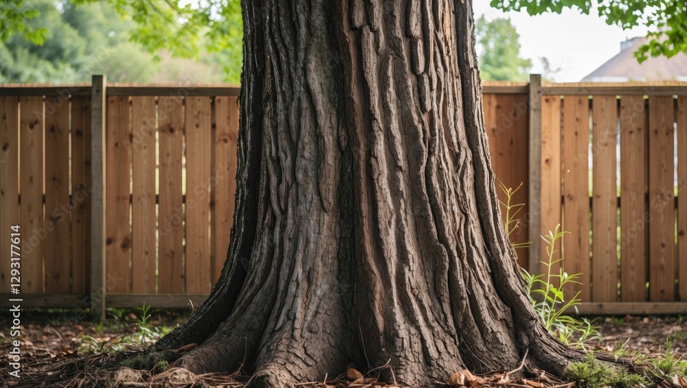 Poster tree trunk close-up with wooden fence in the background showcasing nature's textures and serenity in