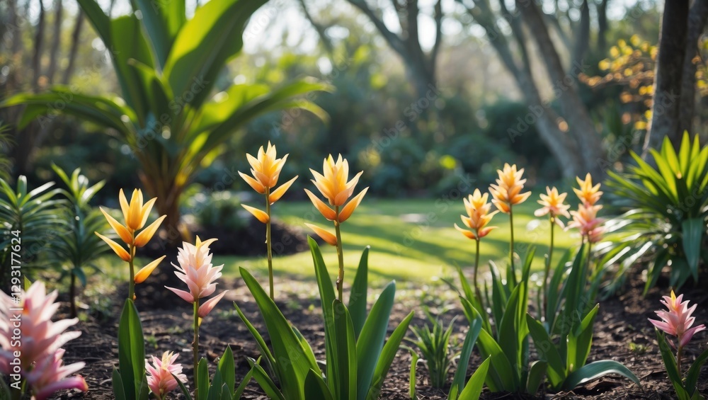 Poster tropical spring flowers blooming in garden with lush greenery and empty copy space for text or desig