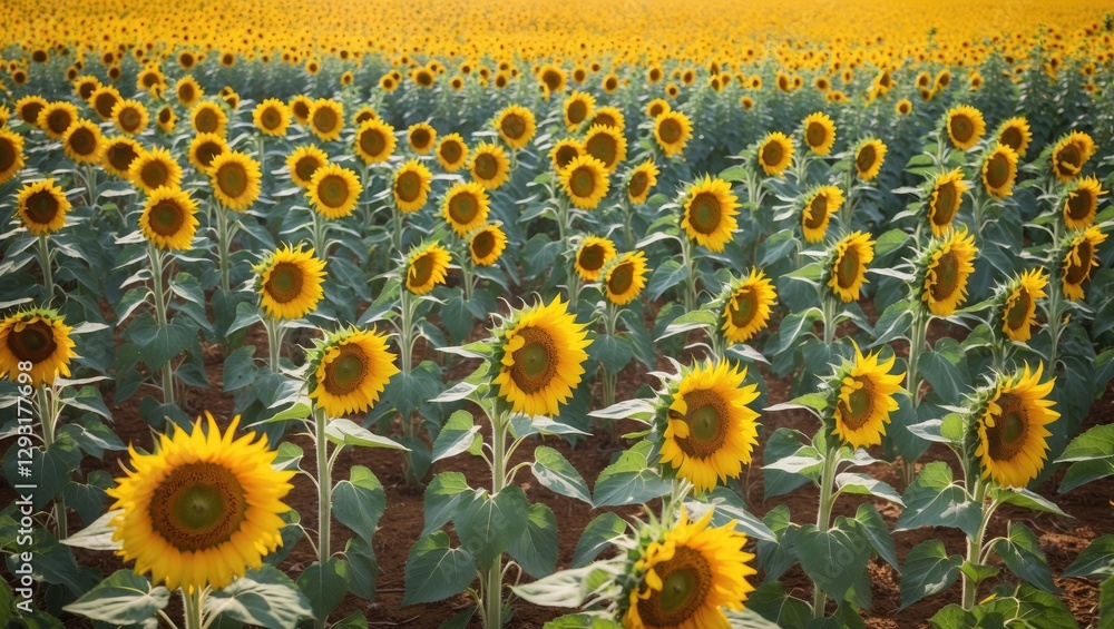 Poster vibrant field of sunflowers under a clear sky with ample space for overlaying text or graphics creat