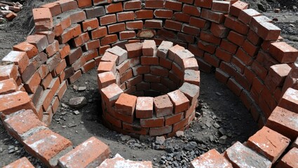 Construction of circular brick structures for drainage or foundation purposes showcasing traditional masonry techniques.