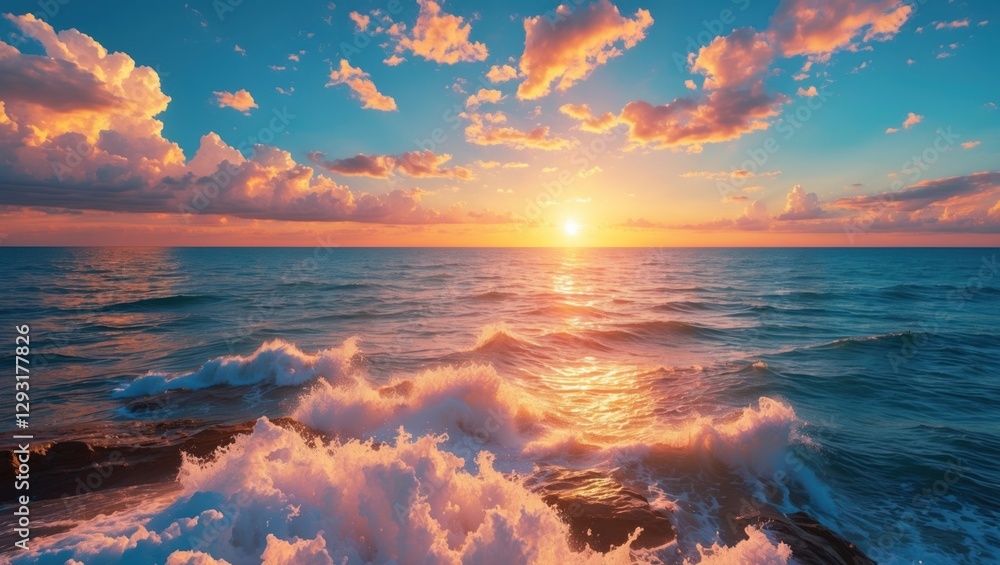 Poster vibrant sunset over the ocean with colorful clouds reflecting on the water surface creating a serene