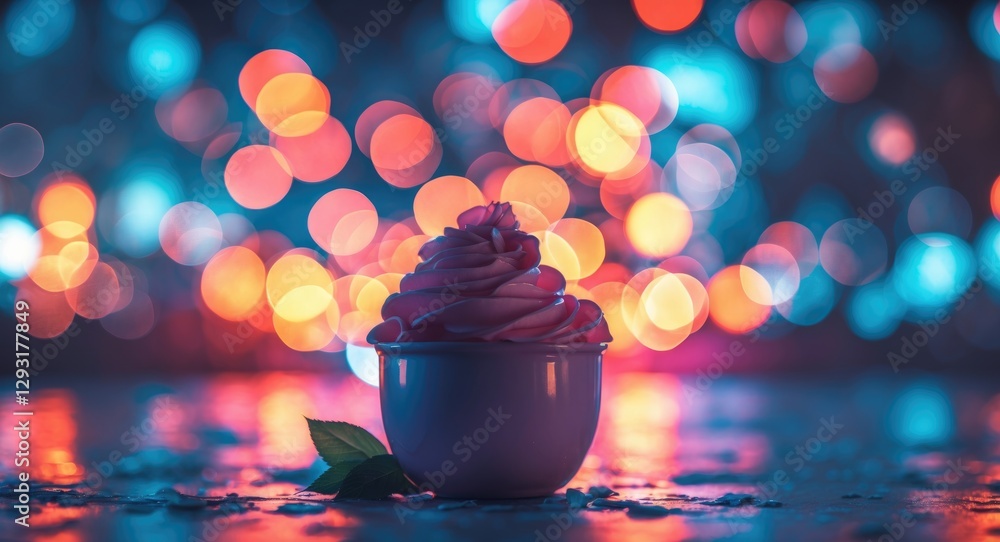 Poster delightful cupcake in soft focus with vibrant bokeh lights creating a festive and whimsical backgrou