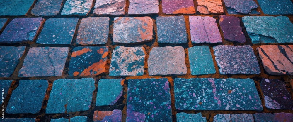 Poster textured close-up of colorful granite paving stones showcasing weathered patterns and vibrant hues i