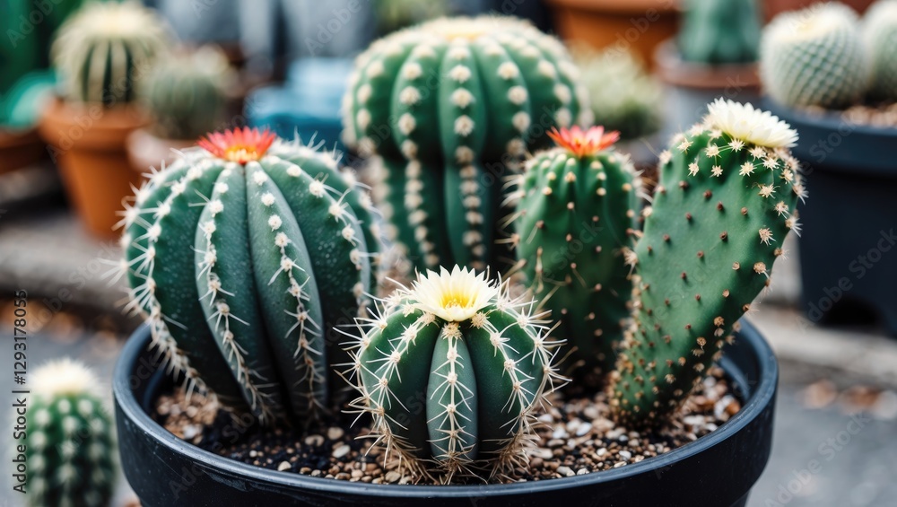 Aufkleber cacti variety in black pot with empty space for text in garden setting
