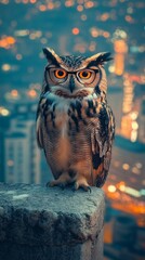 Owl wearing glasses perched on a city rooftop at night with glowing eyes, bokeh city lights in the background. Urban wildlife meets modern creativity concept