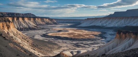 Eroded volcanic landscape revealing layered rock formations under a clear sky with empty space for text or captions.