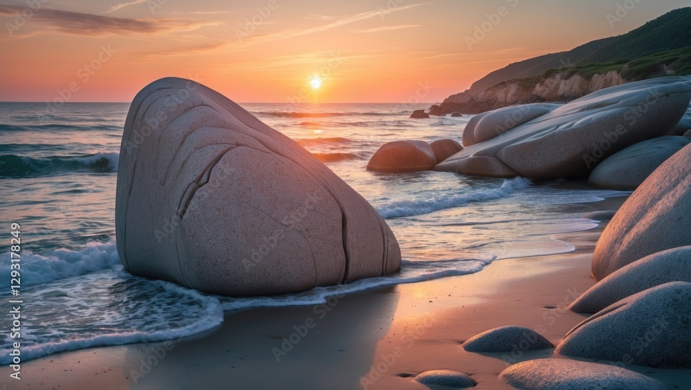 Poster serene sunset over smooth spheric boulders on tranquil beach with soft waves and clear space for tex