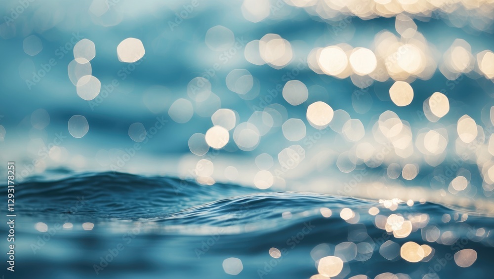 Poster serene blue water surface with soft bokeh highlights creating a tranquil abstract oceanic background