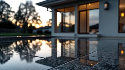 Granite tiles reflecting a modern home and blurred trees under soft evening light creating a serene outdoor ambiance.