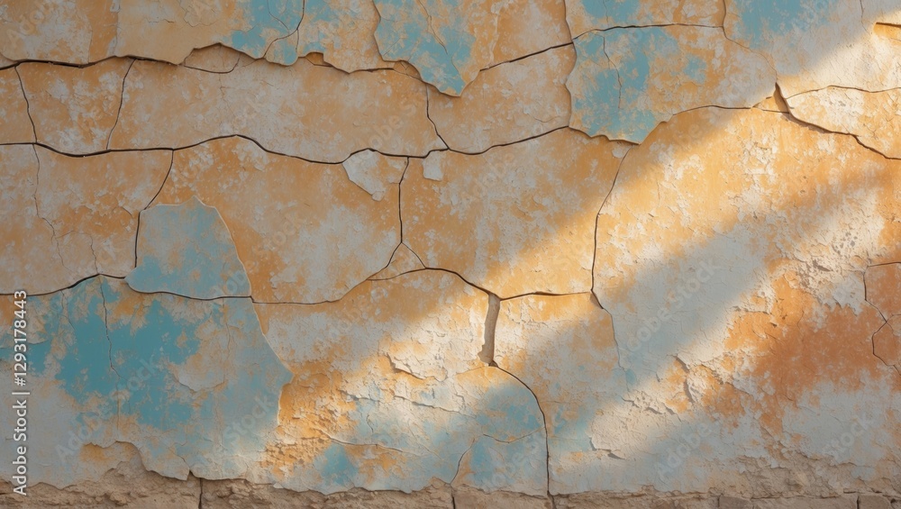 Poster weathered stucco wall with a tapestry of faded colors and delicate cracks illuminated by sunlight cr