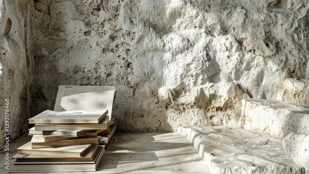 Poster soft light filters through a space featuring stacked books and unique stone textures, creating a cal