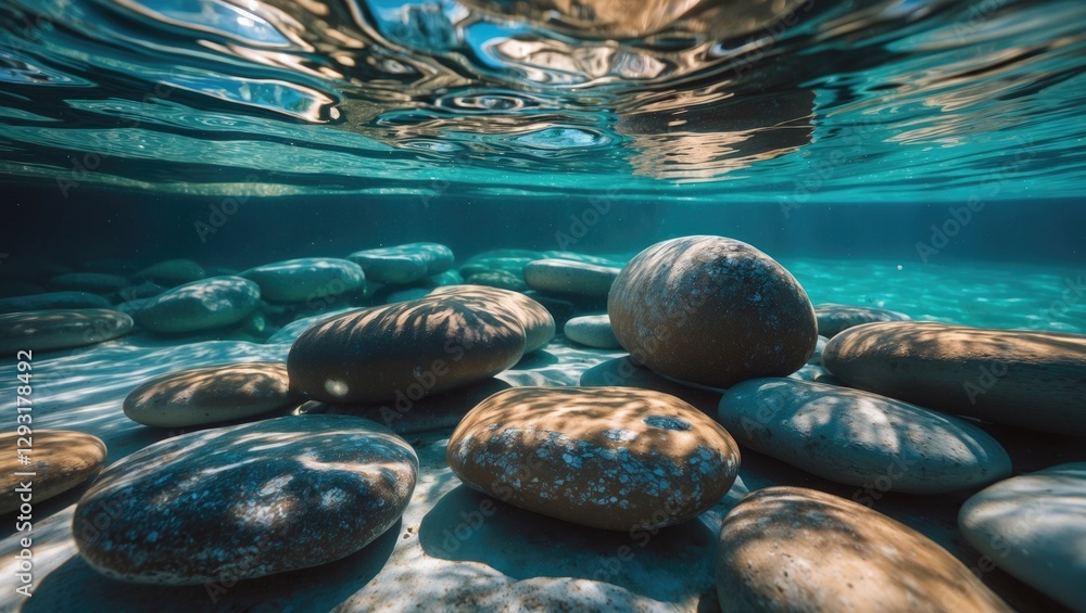 Poster underwater view of smooth stones resting on the sandy bottom, with crystal clear water creating beau
