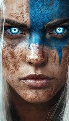 Viking woman shield maiden glowing blue eyes warrior woman blue paint blond hair dirty freckles 