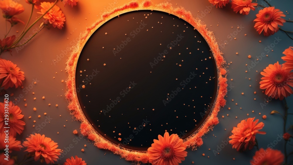 Poster warm orange floral border encircles a black background with floating particles creating a serene and