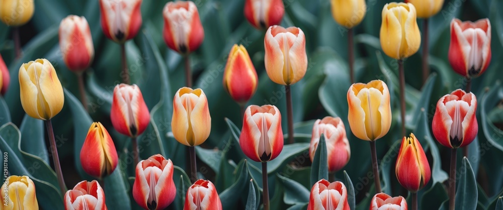 Poster vibrant tulip field in bloom with a variety of colors and empty space for text in a natural floral b