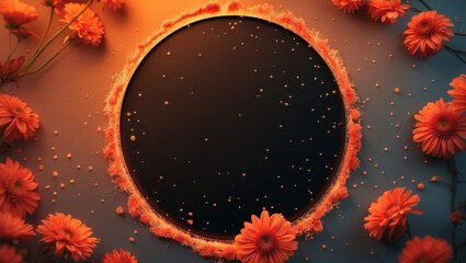 Warm orange floral border encircles a black background with floating particles creating a serene and inviting atmosphere.