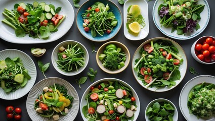 Assorted Fresh Salads Overhead Flat Lay Featuring Green Vegetables, Healthy Eating Options, Perfect for Healthy Lifestyle Promotion.