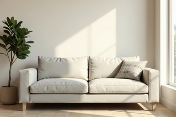 A Light Beige Sofa in a Sunlit Room with a Potted Plant