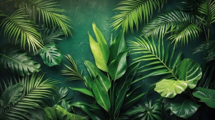 Fototapeta premium Lush tropical green leaves layered in a vintage style nature background creating a serene and vibrant atmosphere for design projects.
