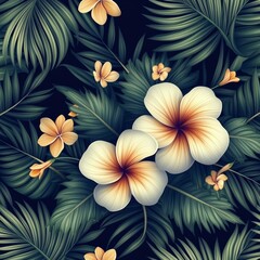 Fototapeta premium A contemporary tropical pattern with seamless, digitally drawn palm tree leaves and jungle flowers, ideal for use in textiles, gift wrap, and wallpaper designs