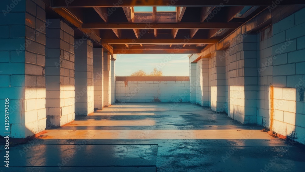Poster abandoned industrial interior with stained breeze blocks and natural light creating shadows on the f